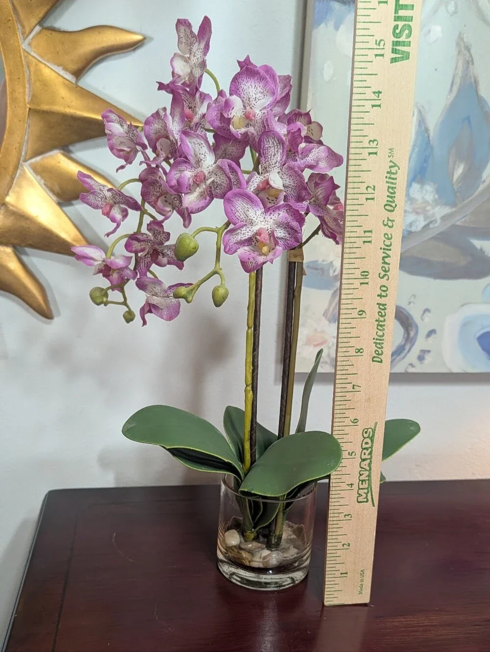 Realistic Artificial Phalaenopsis Orchid Plant Clear Glass Vase Pink Green 15.5